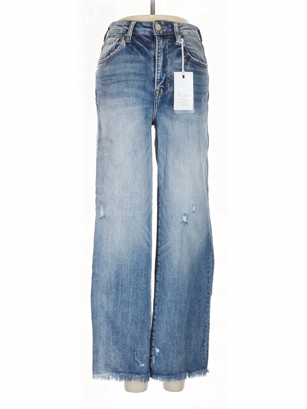 High-Rise Light Blue Straight-Leg Jeans with Frayed Hem